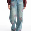 Pants denim crystal roses