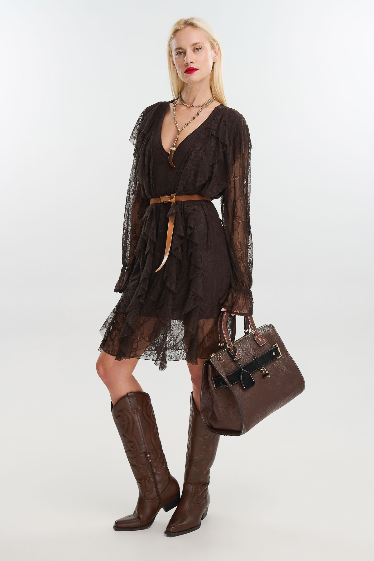 Φόρεμα κοντό δαντέλα με ζώνη - Καφέ, One_size