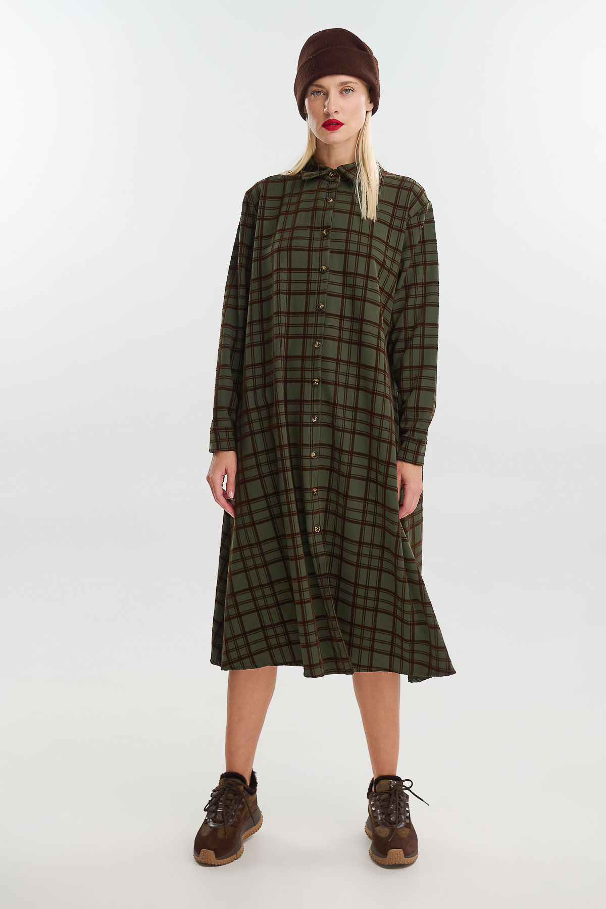 Φόρεμα κοτλέ βελουτέ υφή καρό - Χακί, One_size