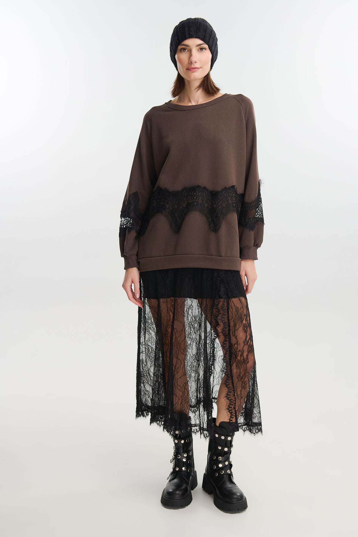 Φόρεμα τελείωμα δαντέλα - Καφέ, One_size