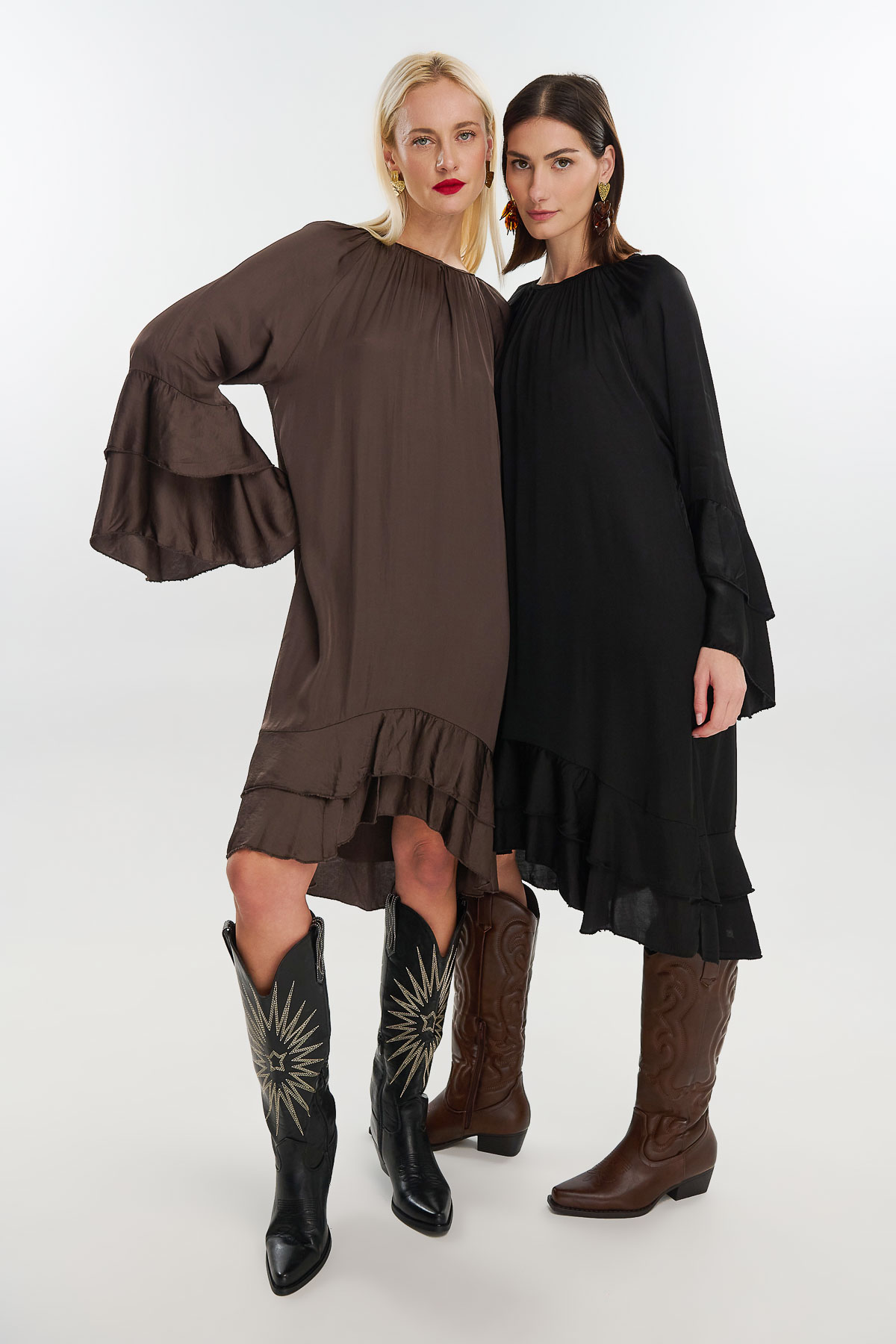 Φόρεμα μεταξωτό καμπάνα μανίκι - Καφέ, One_size