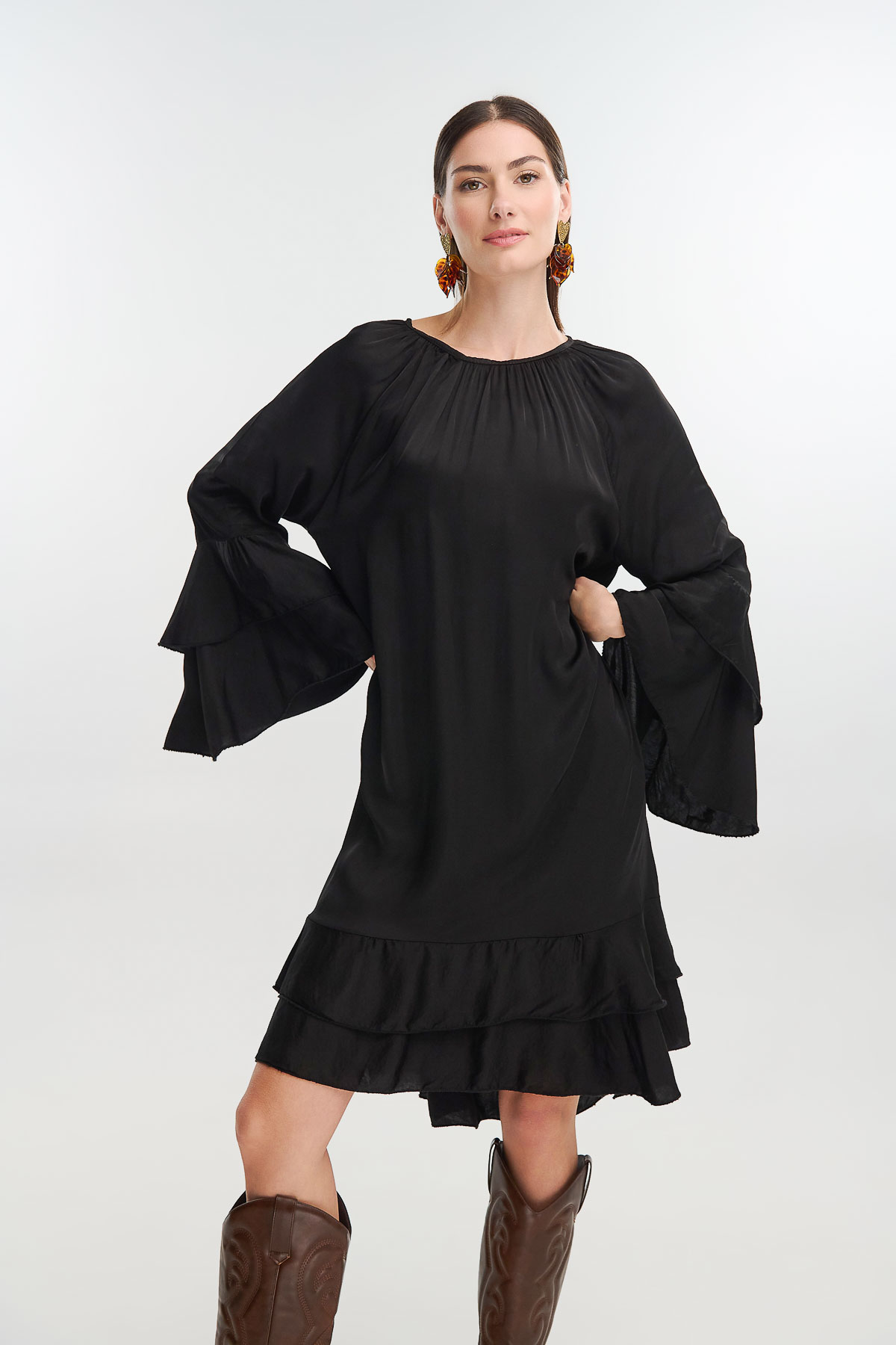 Φόρεμα μεταξωτό καμπάνα μανίκι - Μαύρο, One_size