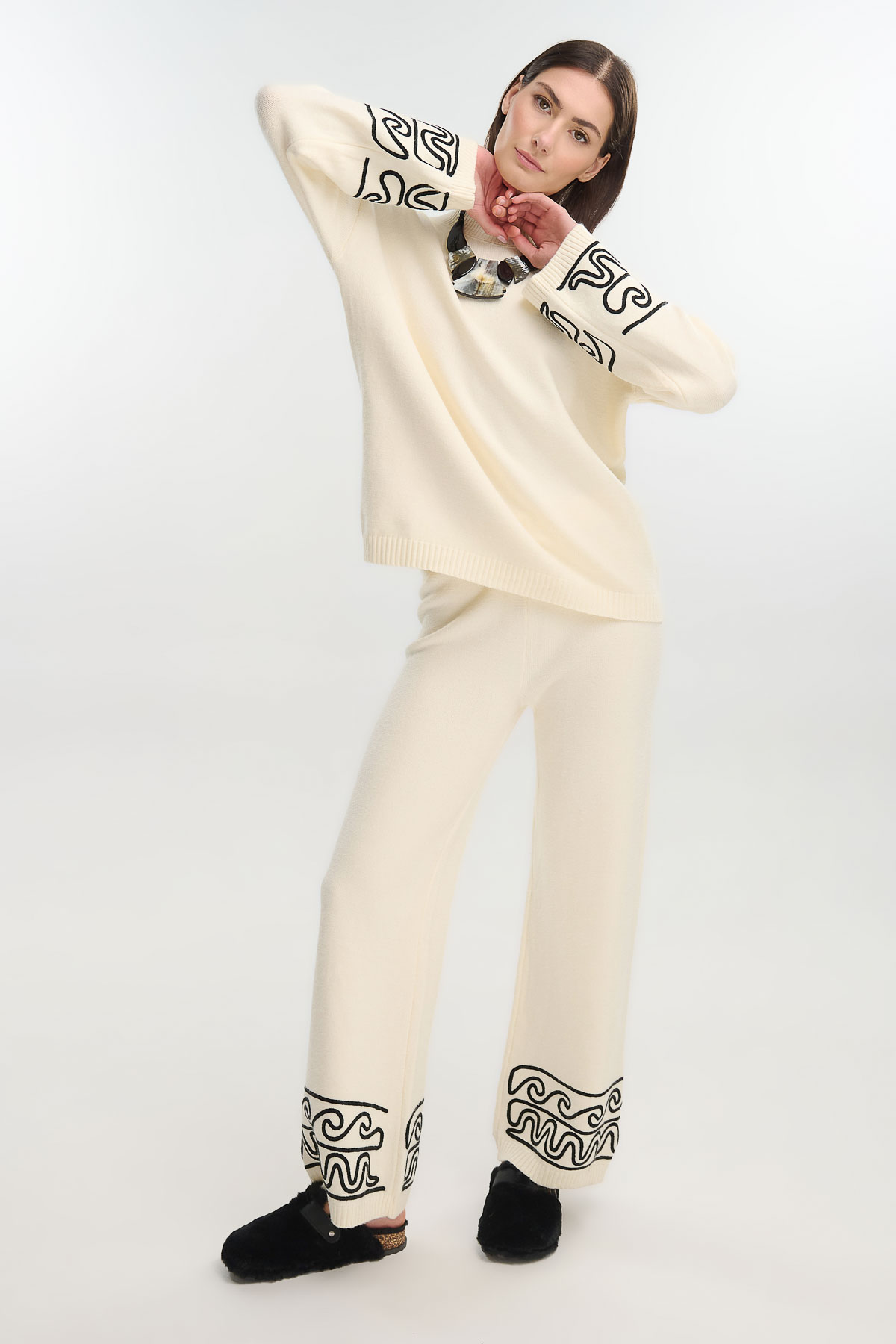Σετ πλεκτό μπλούζα με παντελόνι - Εκρού, One_size