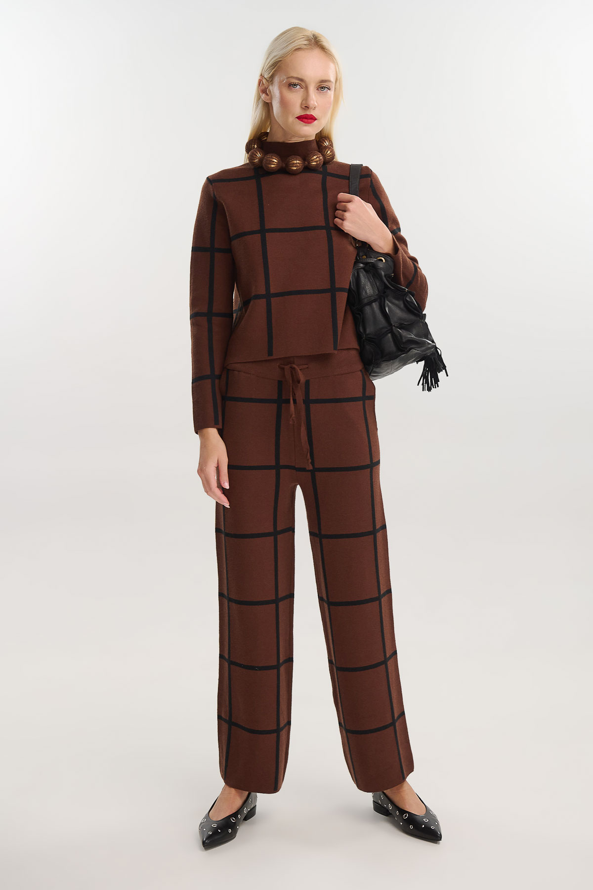 Σετ πλεκτό μπλούζα με παντελόνι - Καφέ, One_size