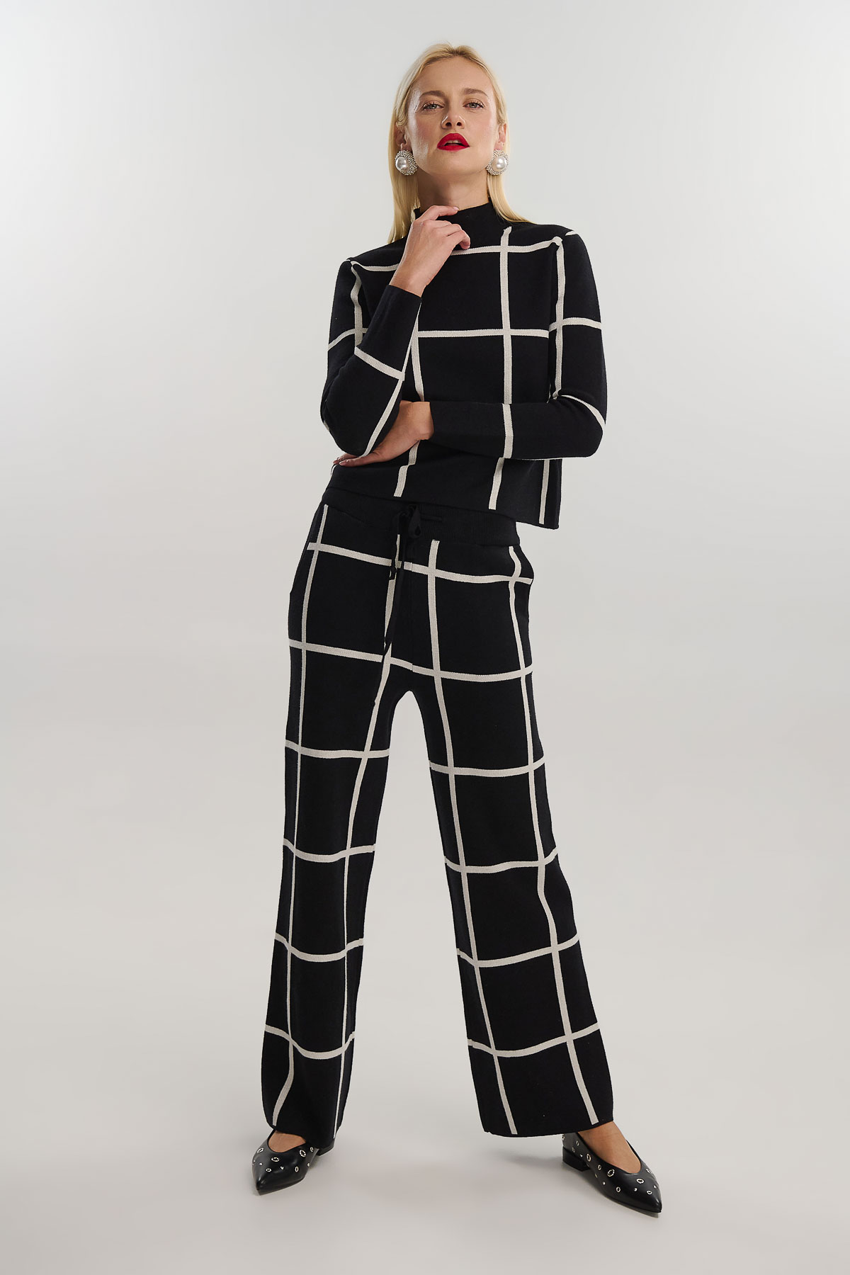 Σετ πλεκτό μπλούζα με παντελόνι - Μαύρο, One_size