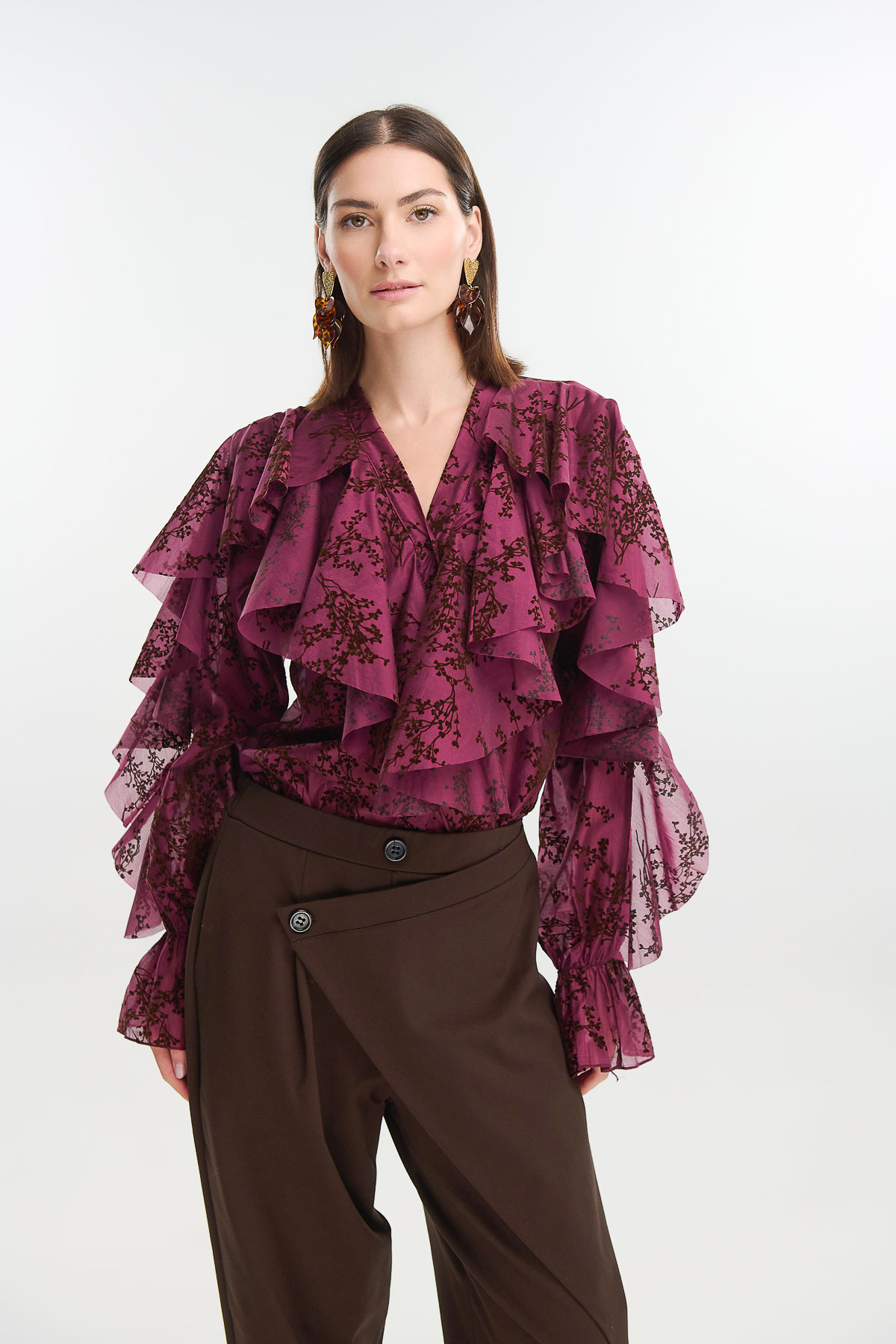 Πουκάμισο απλικέ velvet με βολάν - Μπορντό, One_size