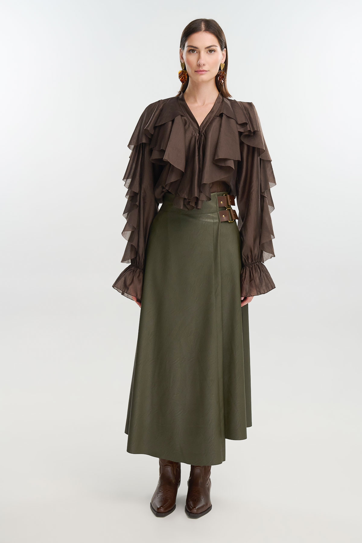 Πουκάμισο see through με βολάν - Καφέ, One_size