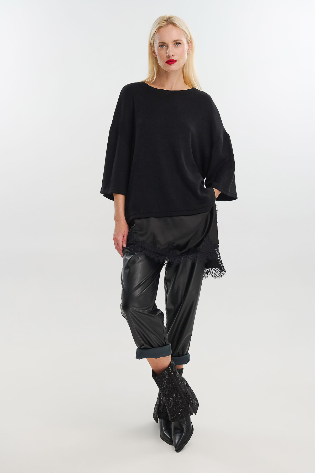 Μπλούζα φούτερ σατέν δαντέλα - Μαύρο, One_size