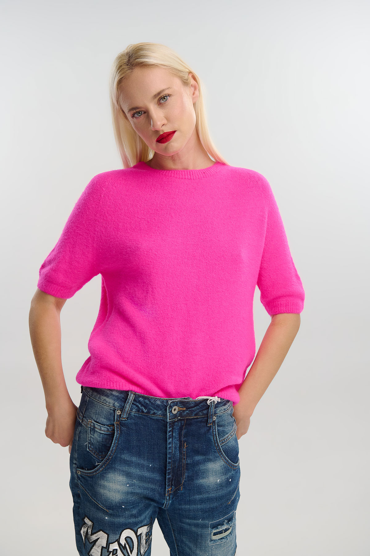 Πουλόβερ απο μαλλί αλπακά κοντομάνικο - Φούξια, One_size
