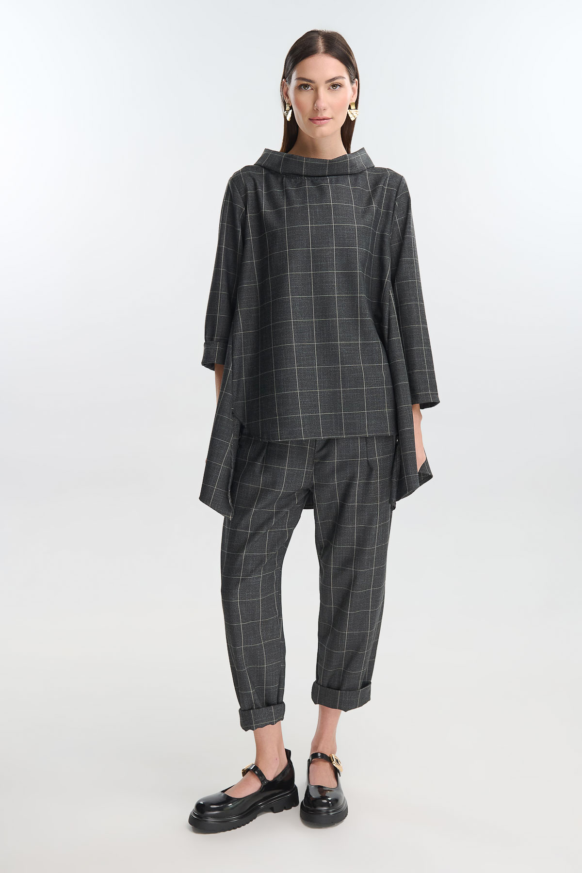 Μπλούζα καρό ασύμμετρη με γιακά - Γκρι, One_size