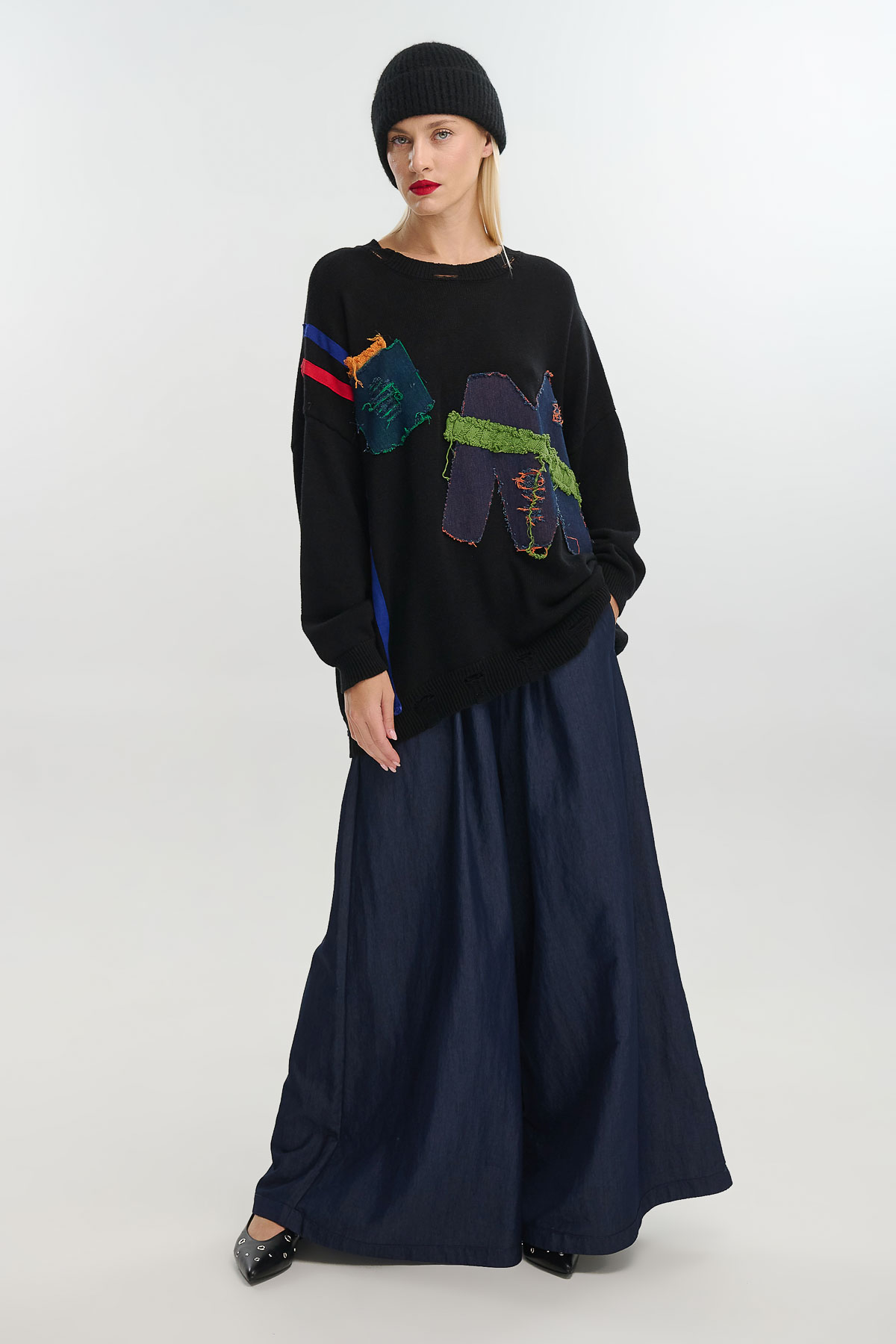 Μπλούζα πλεκτή απλικέ και στρας - Μαύρο, One_size