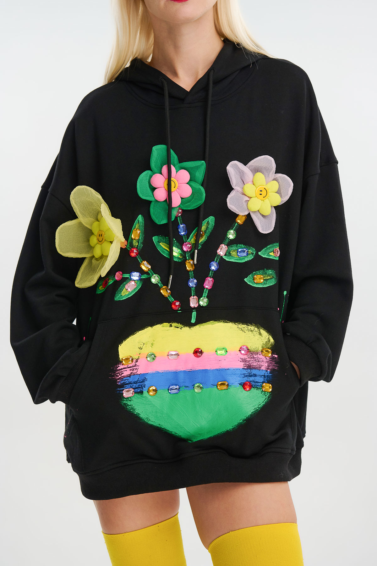 Μπλούζα φούτερ 3D flowers & crystals - Μαύρο, One_size