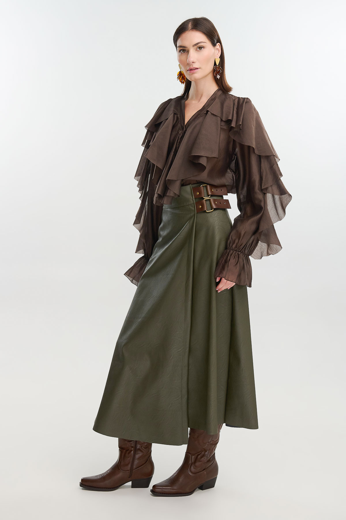 Skirt maxi eco leather - Χακί, One_size