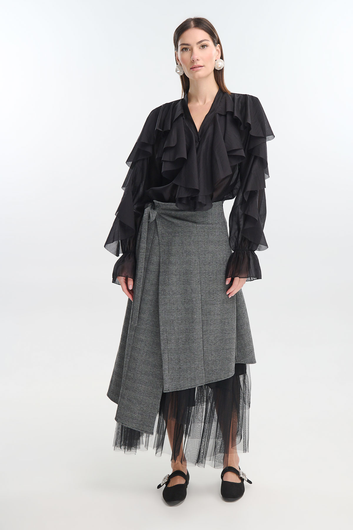 Φούστα καρό ασύμμετρη με τούλι - Γκρι, One_size