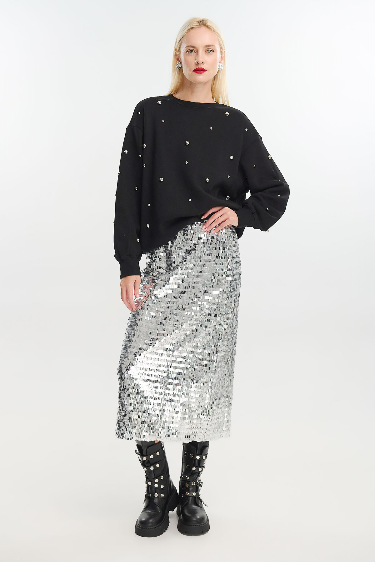 Φούστα midi παγιέτα με λάστιχο - Ασημί, One_size