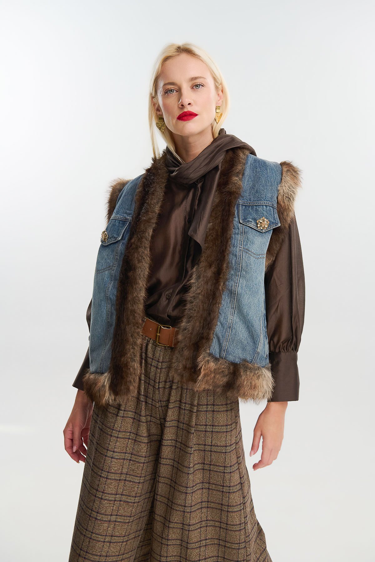 Jacket vest denim eco fur - Navy Μπλε, One_size