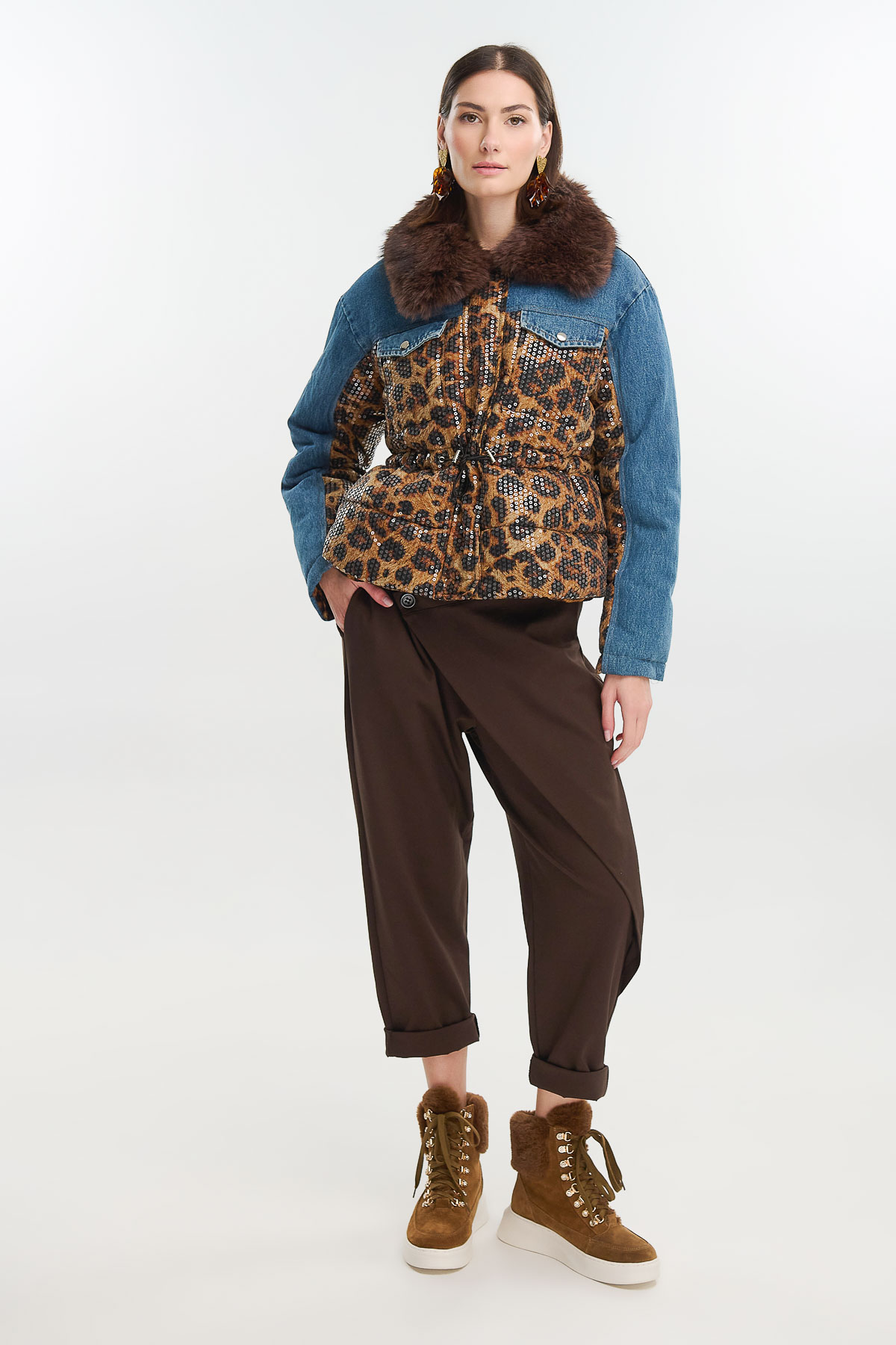 Jacket puffer denim sequin leopard - Γαλάζιο, One_size