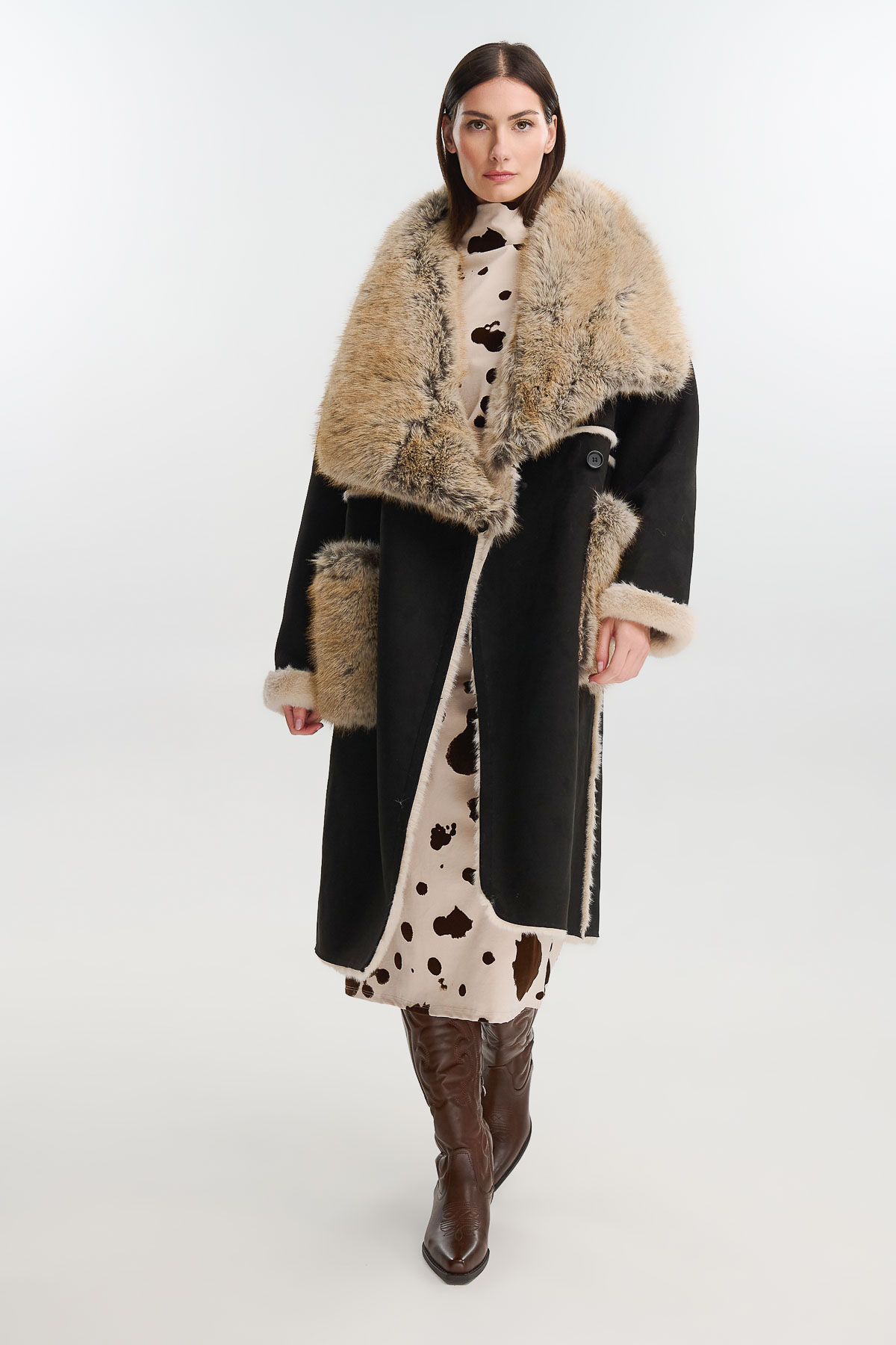 Παλτό μακρύ μουτον επένδυση eco fur - Μαύρο, One_size