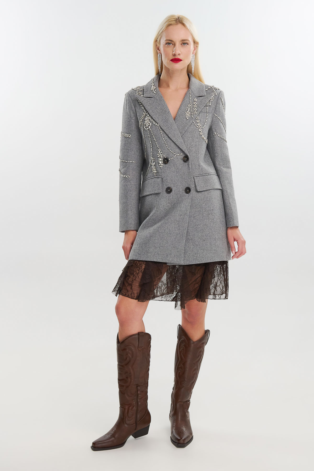 Σακάκι μάλλινο κέντημα κρύσταλλα - Γκρι, M/L