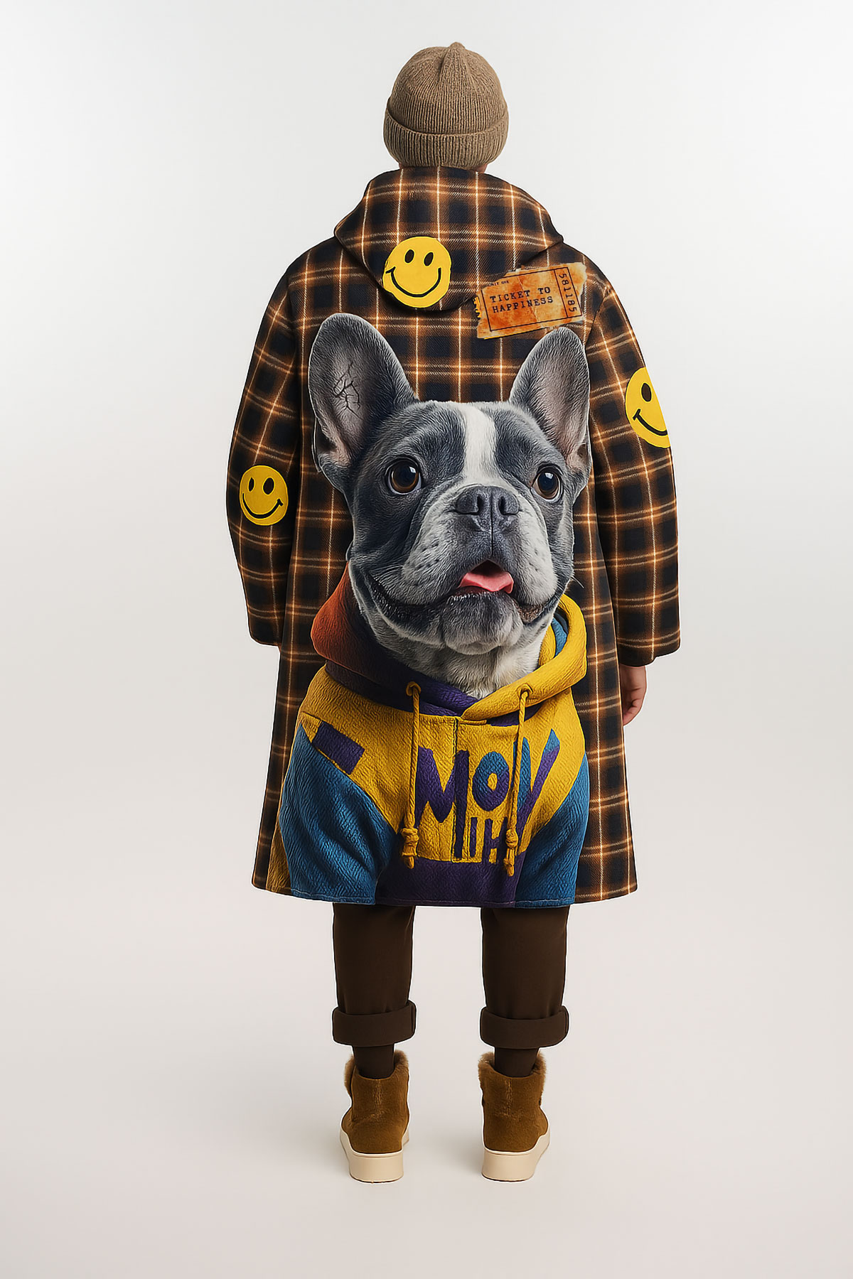 Jacket long scuba plaid french bulldog - Πολύχρωμο, One_size