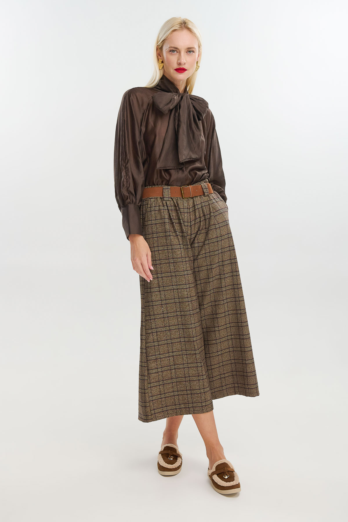 Παντελόνα zip καρό με ζώνη - Καφέ, One_size