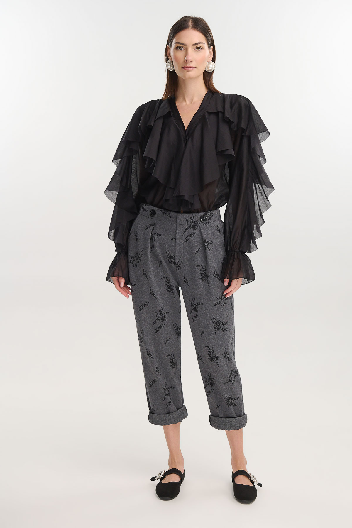 Παντελόνι με πιετα flowers - Γκρι, One_size