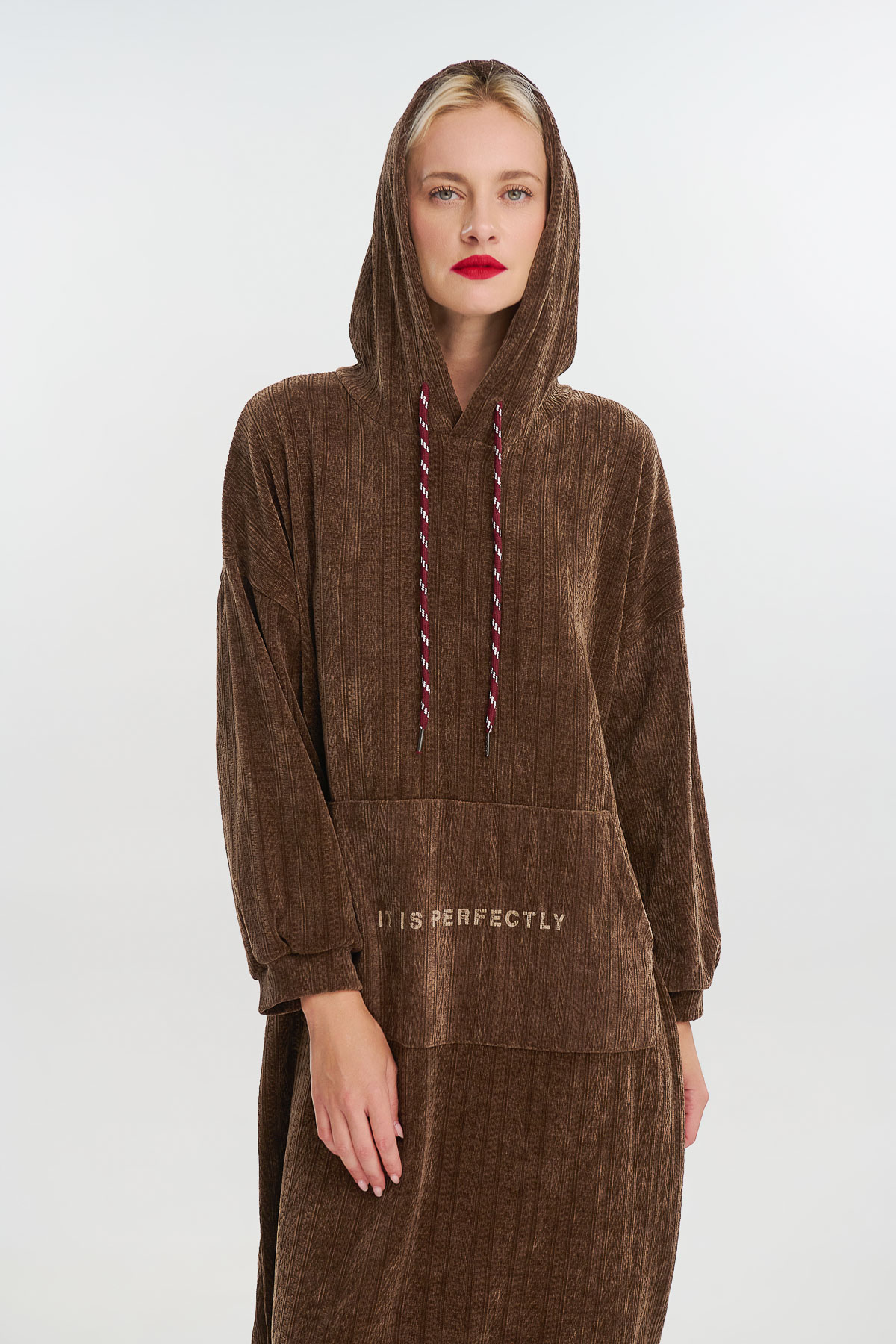 Φόρεμα καρό με κουκούλα - Καφέ, One_size