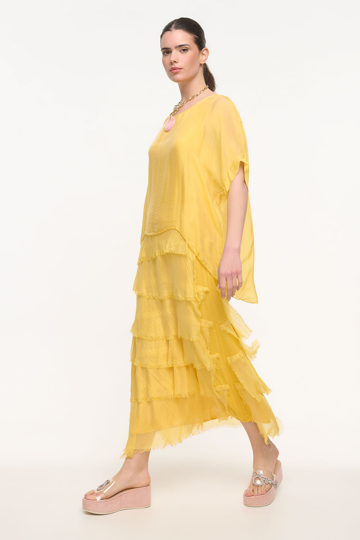 Dress maxi silk με ξέφτια - Κίτρινο, One_size