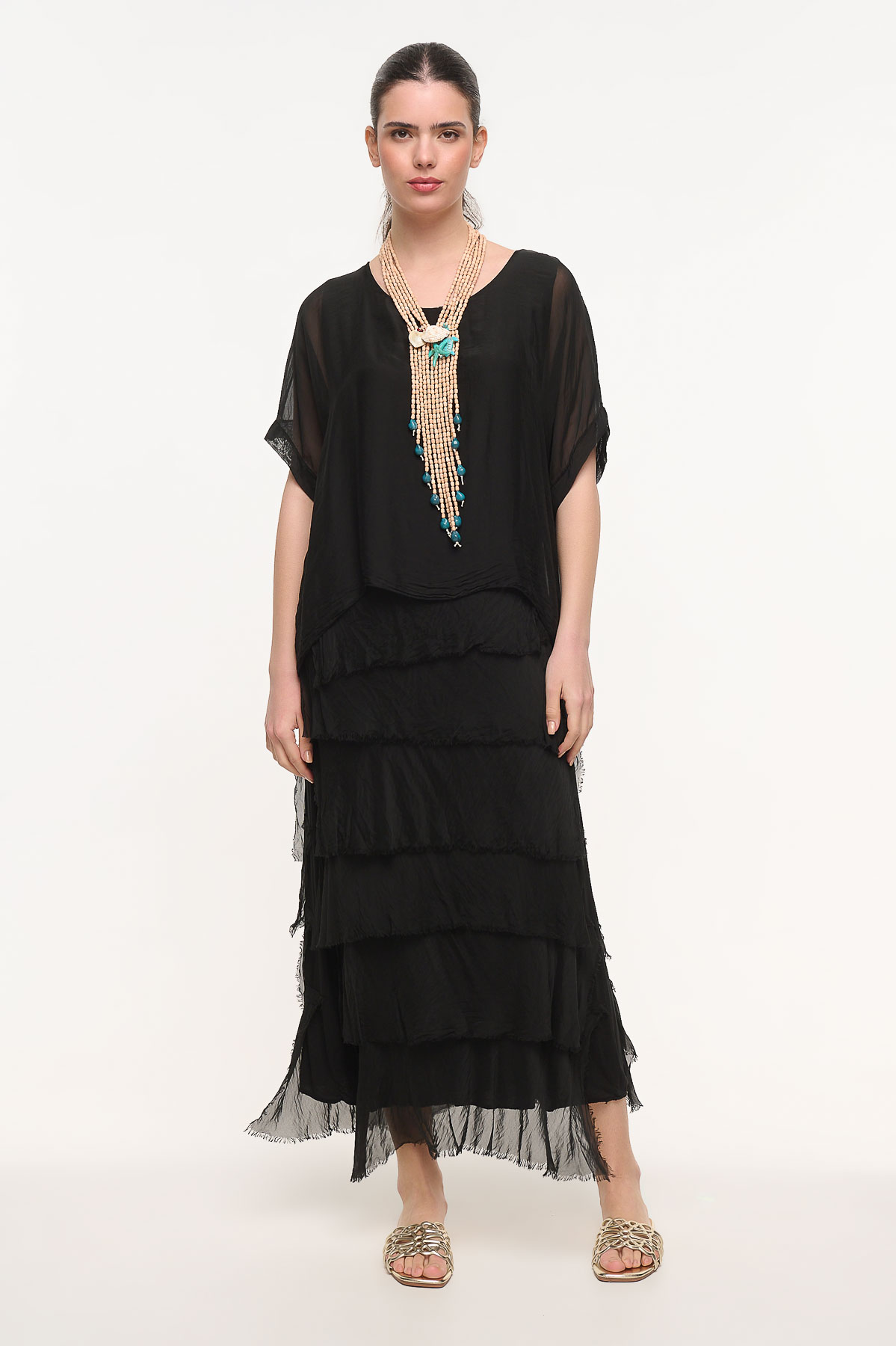 Dress maxi silk με ξέφτια - Μαύρο, One_size