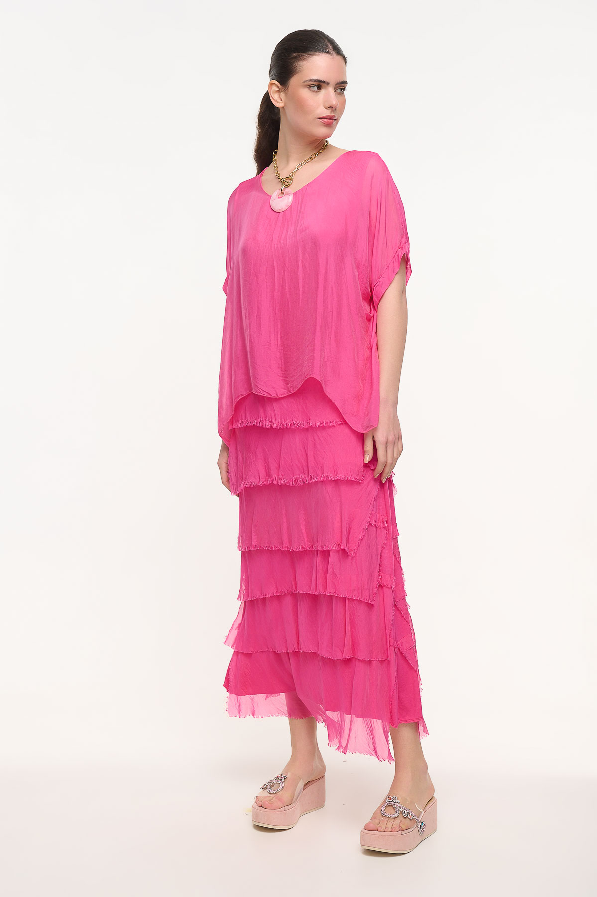 Dress maxi silk με ξέφτια - Φούξια, One_size