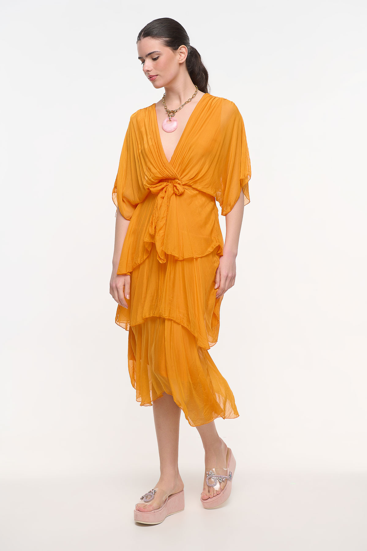 Φόρεμα με βολάν μεταξωτό - Πορτοκαλί, One_size