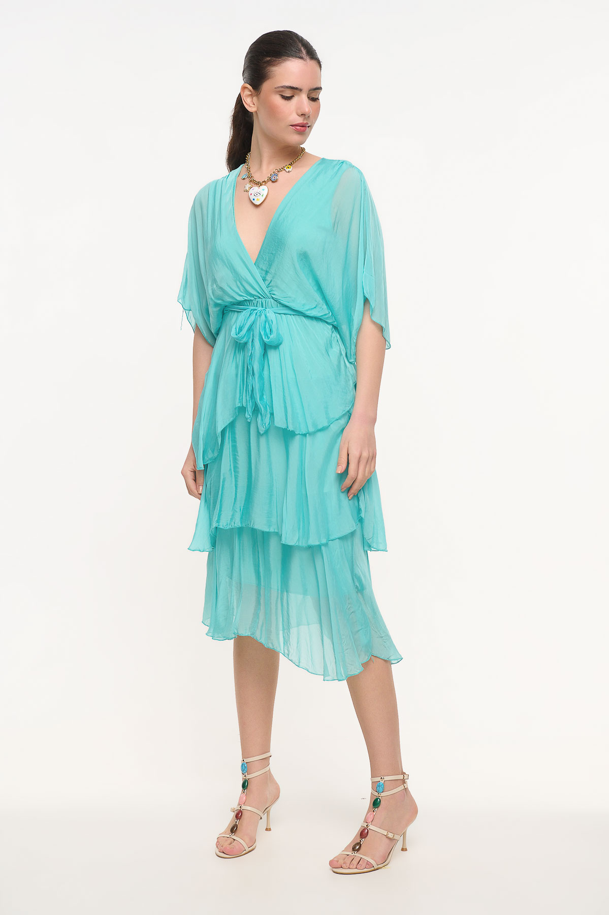 Φόρεμα με βολάν μεταξωτό - Τιρκουάζ, One_size