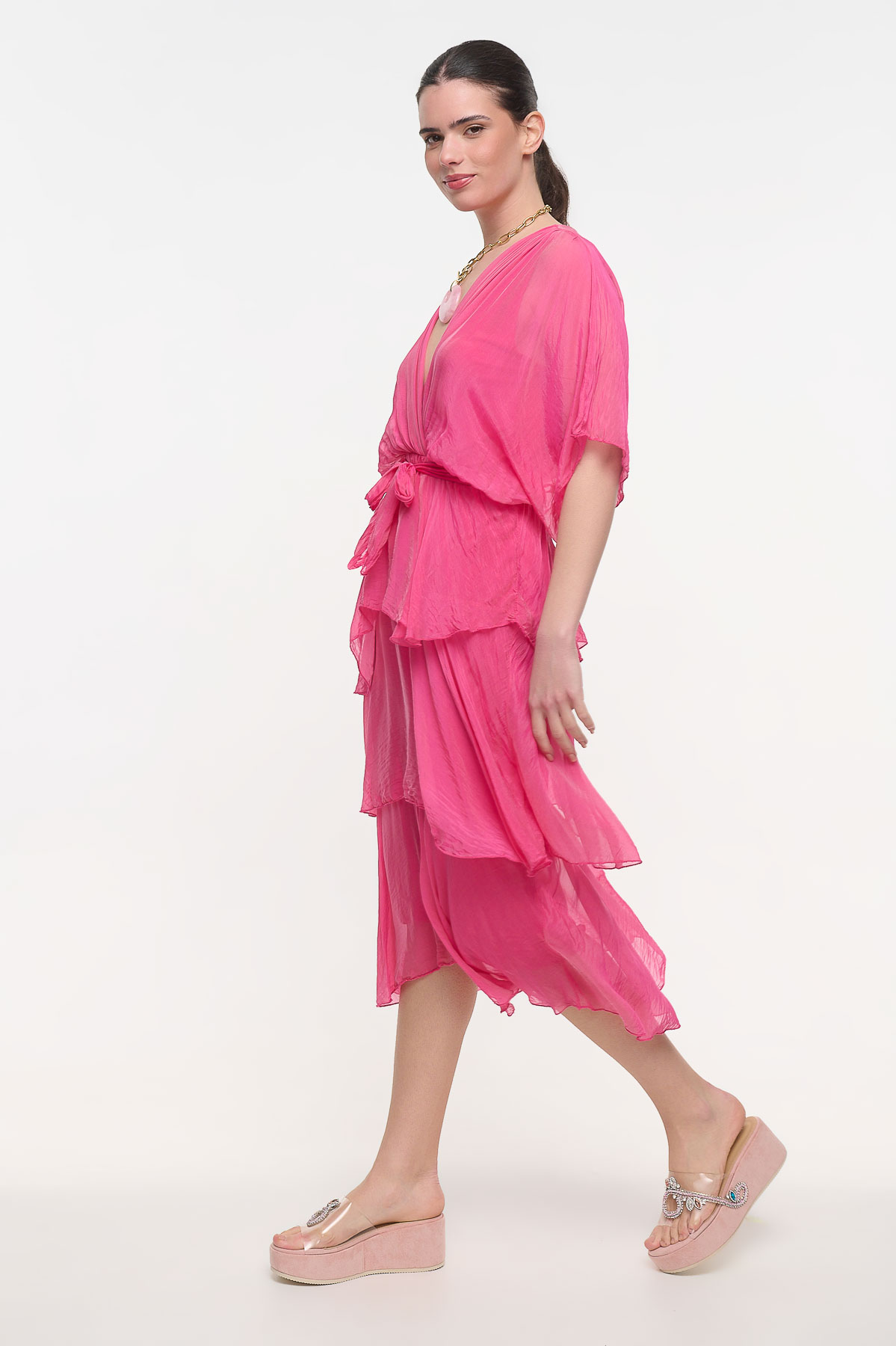 Φόρεμα με βολάν μεταξωτό - Φούξια, One_size