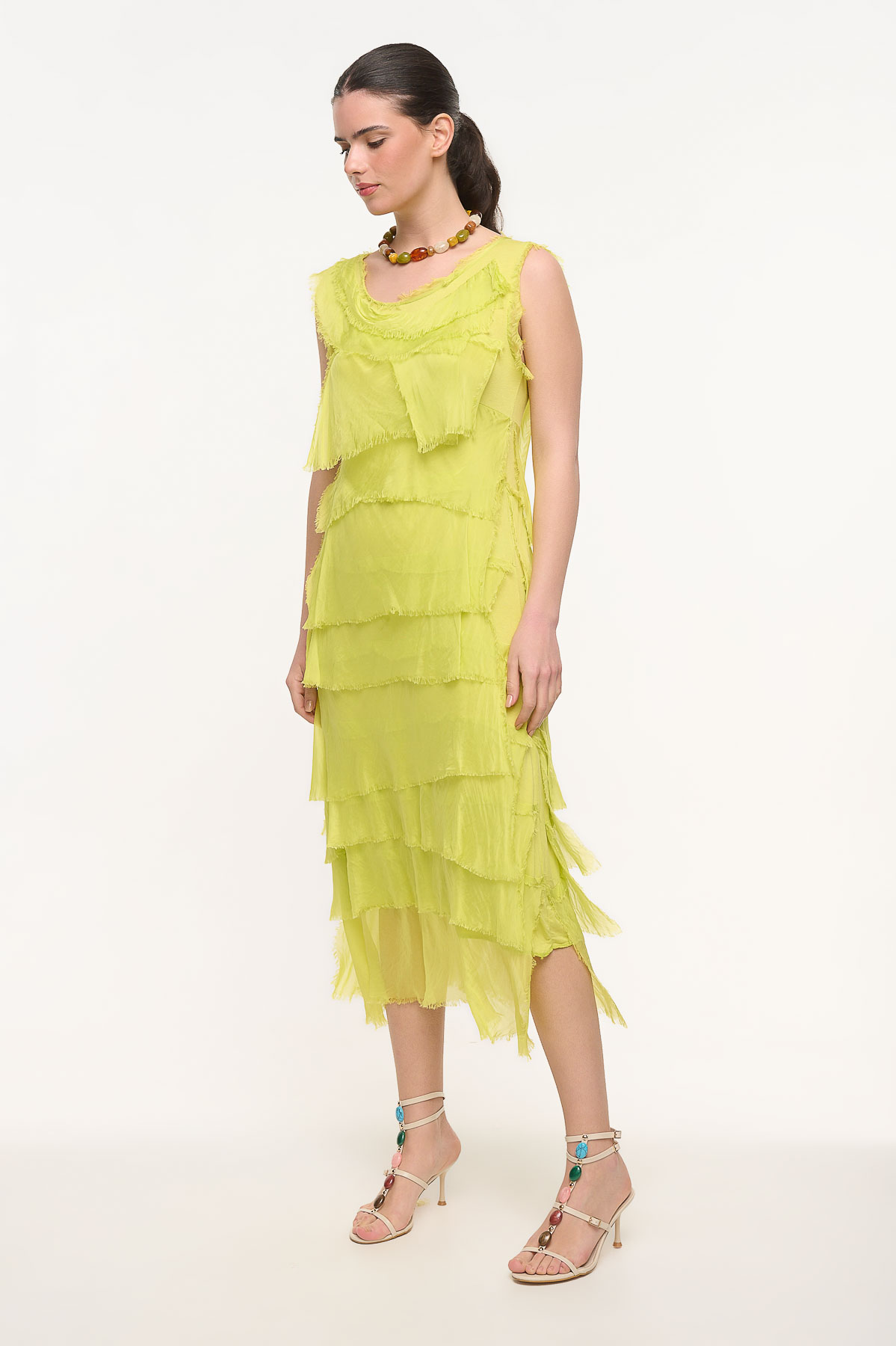 Φόρεμα maxi silk με ξέφτια - Fluo Lime, One_size