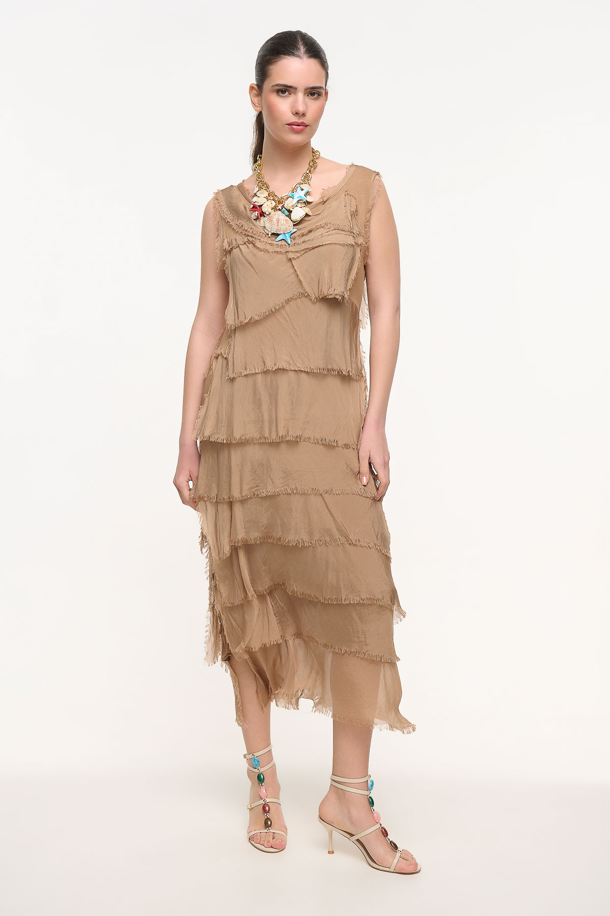 Φόρεμα maxi silk με ξέφτια - Καφέ, One_size