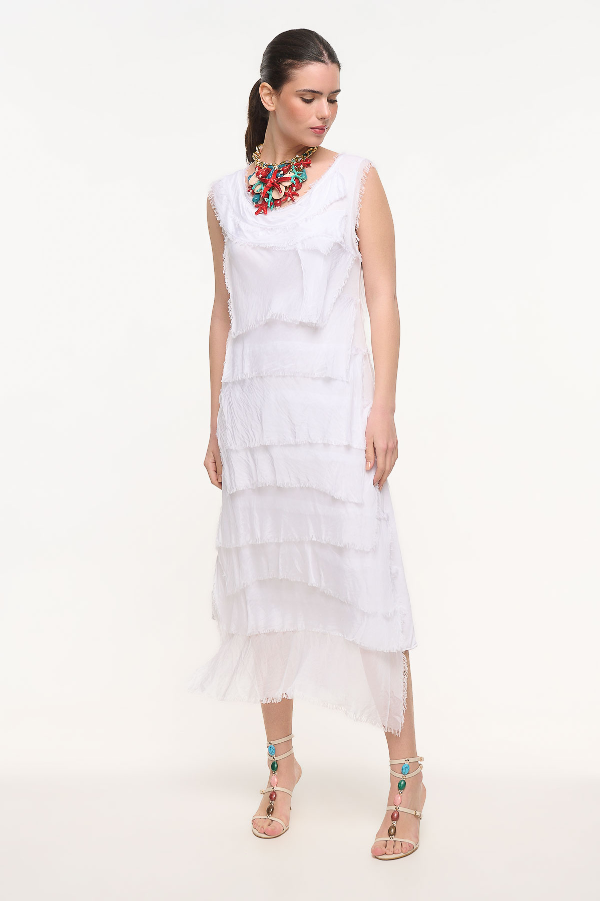 Φόρεμα maxi silk με ξέφτια - Λευκό, One_size