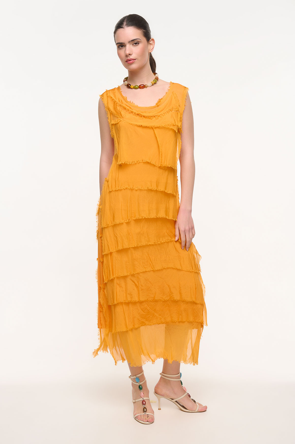 Φόρεμα maxi silk με ξέφτια - Πορτοκαλί, One_size