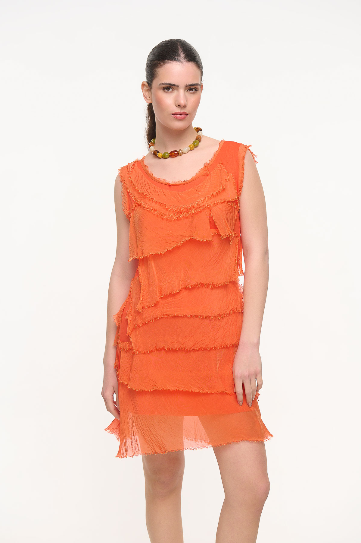 Φόρεμα short silk με βολάν - Orange fluo, One_size