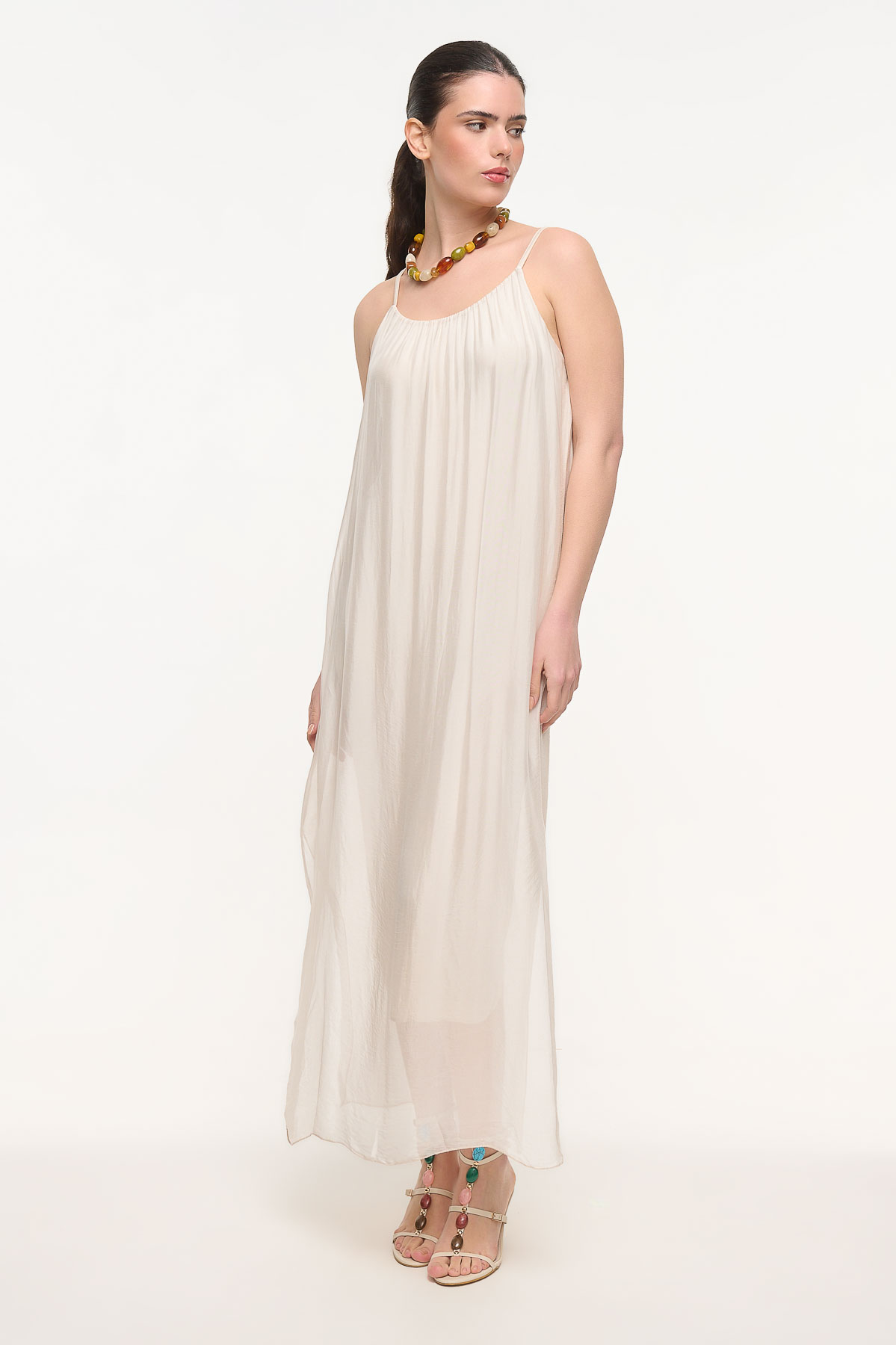 Φόρεμα silk τιράντα long - Εκρού, One_size