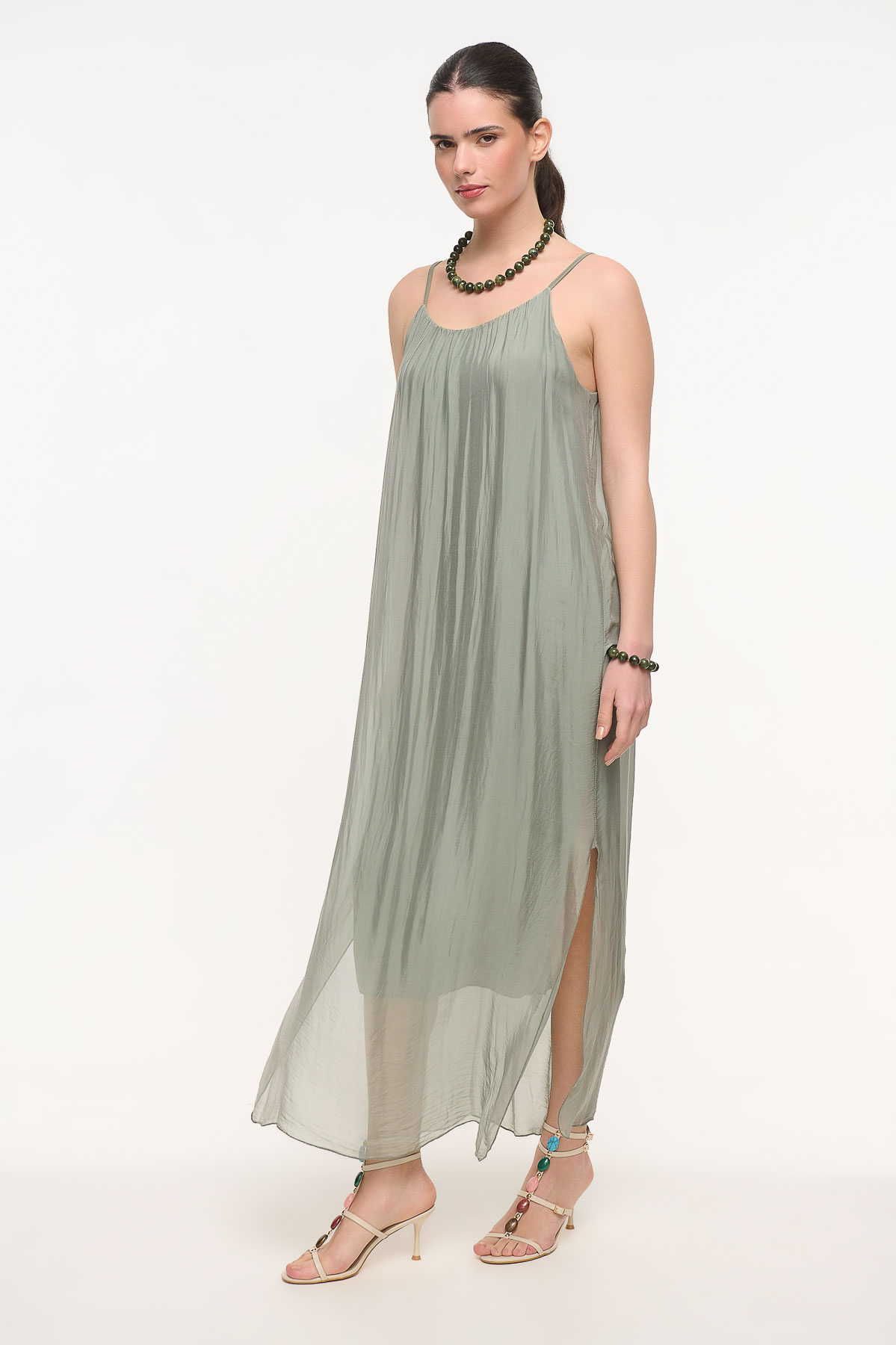 Φόρεμα silk τιράντα long - Φυστικί, One_size