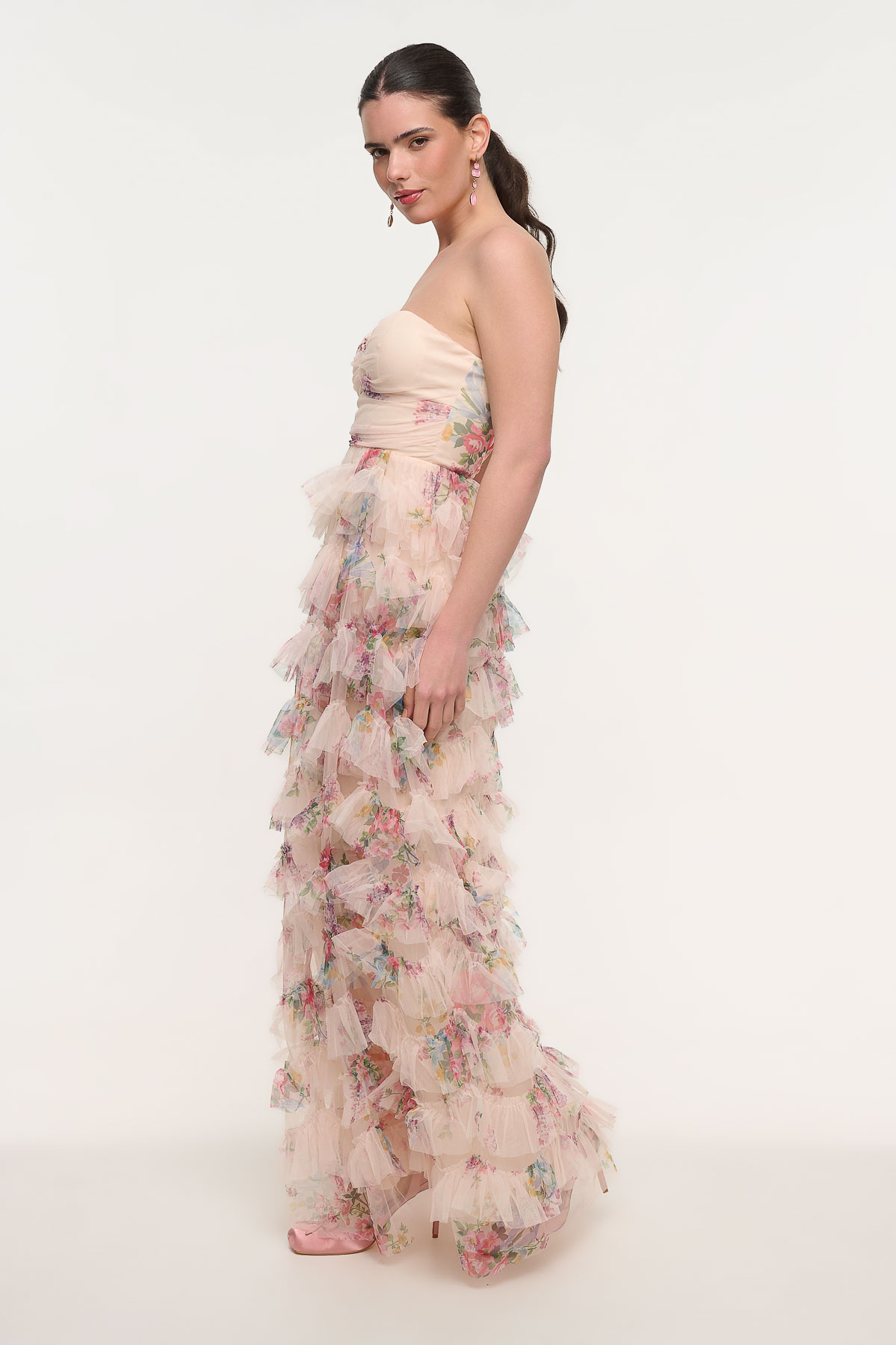 Φόρεμα maxi floral strapless - Μπεζ, M