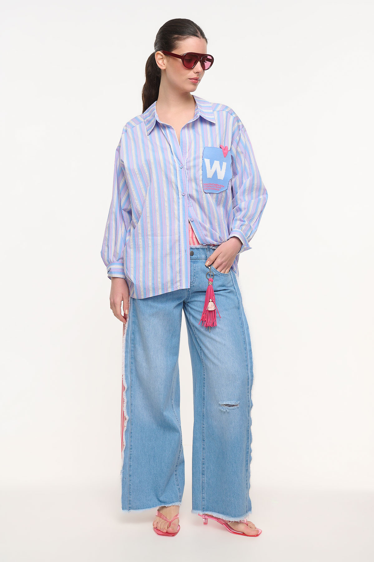 Πουκαμίσα ριγέ με πλεκτή τσέπη - Γαλάζιο, One_size