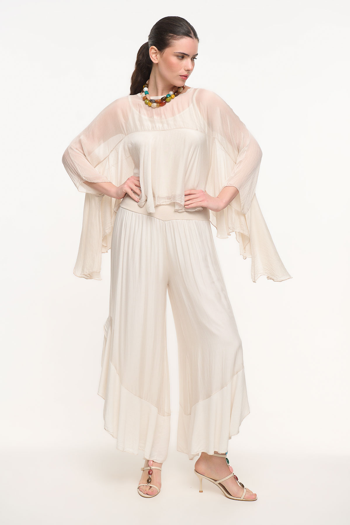 Μεταξωτή Μπλούζα με Βολάν Μανίκια - Εκρού, One_size