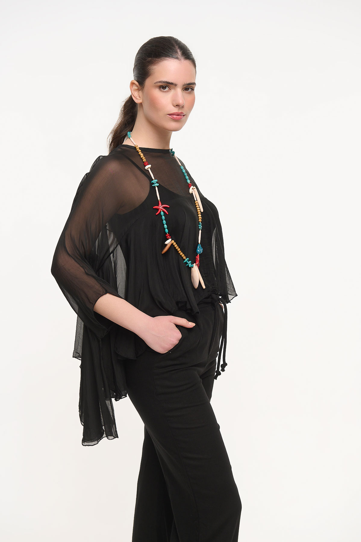 Μεταξωτή Μπλούζα με Βολάν Μανίκια - Μαύρο, One_size