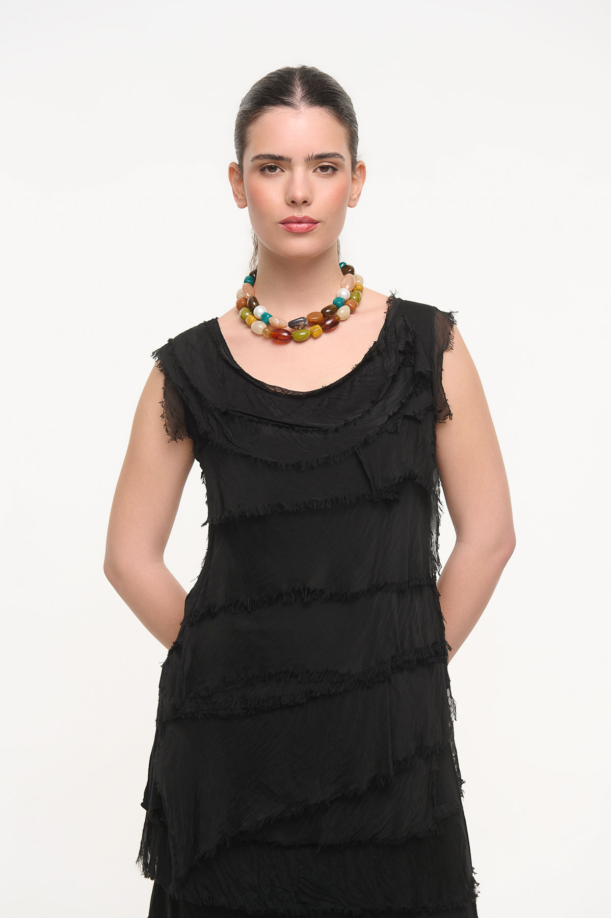 Μπλούζα silk αμάνικη με ξέφτια - Μαύρο, One_size