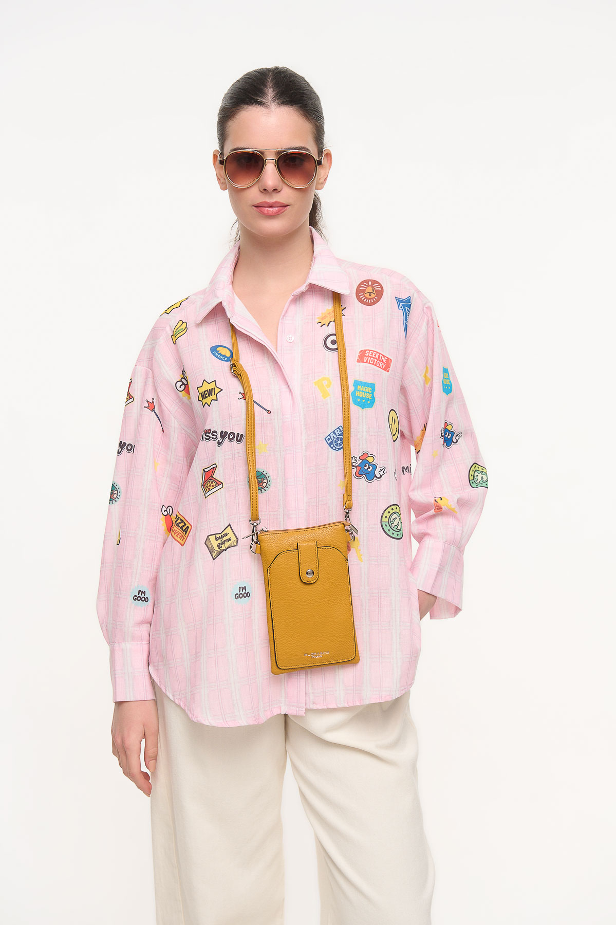 Πουκαμίσα καρό με print - Ροζ, One_size