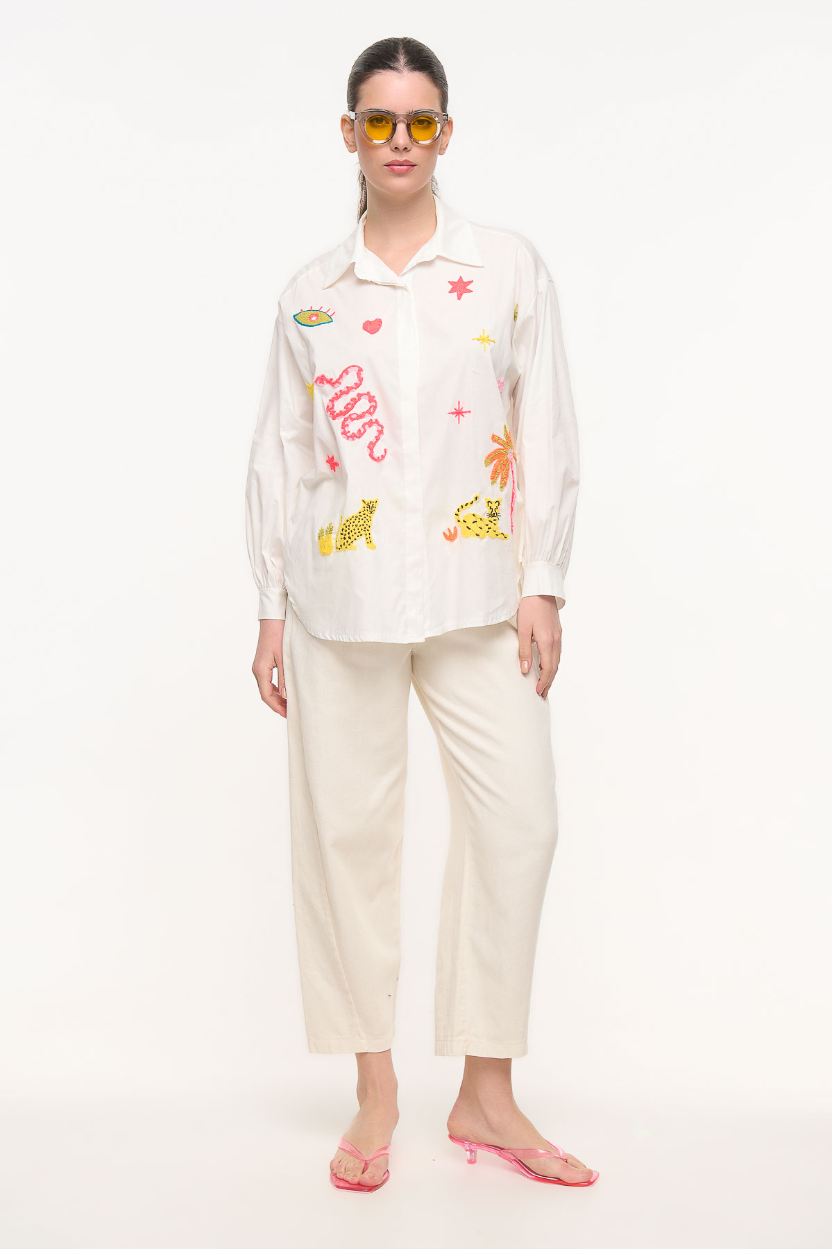 Πουκάμισο βαμβακερό fluo κέντημα - Λευκό, One_size