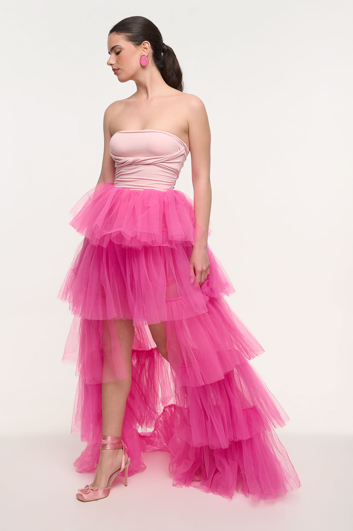 Φούστα maxi τούλινη με βολάν - Φούξια, M