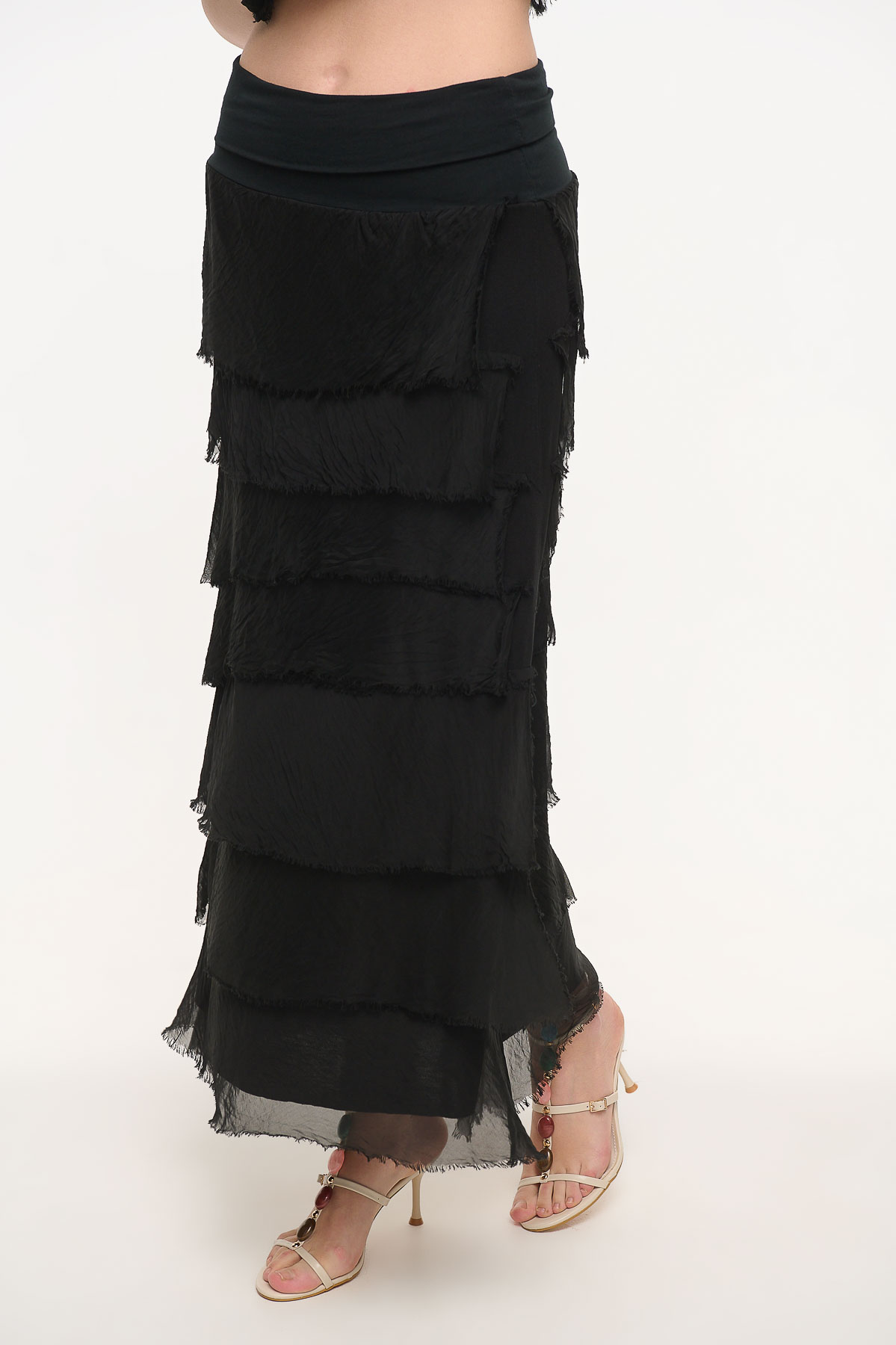 Μεταξωτή Φούστα με Βολάν - Μαύρο, One_size