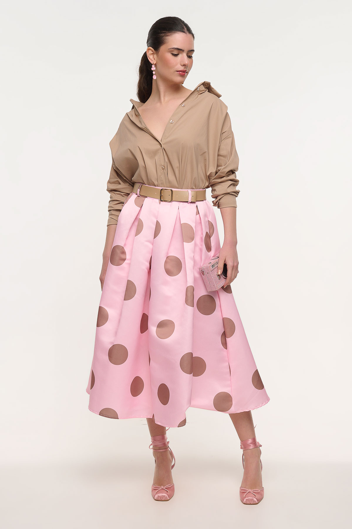 Φούστα πουά με ζώνη - Ροζ, One_size